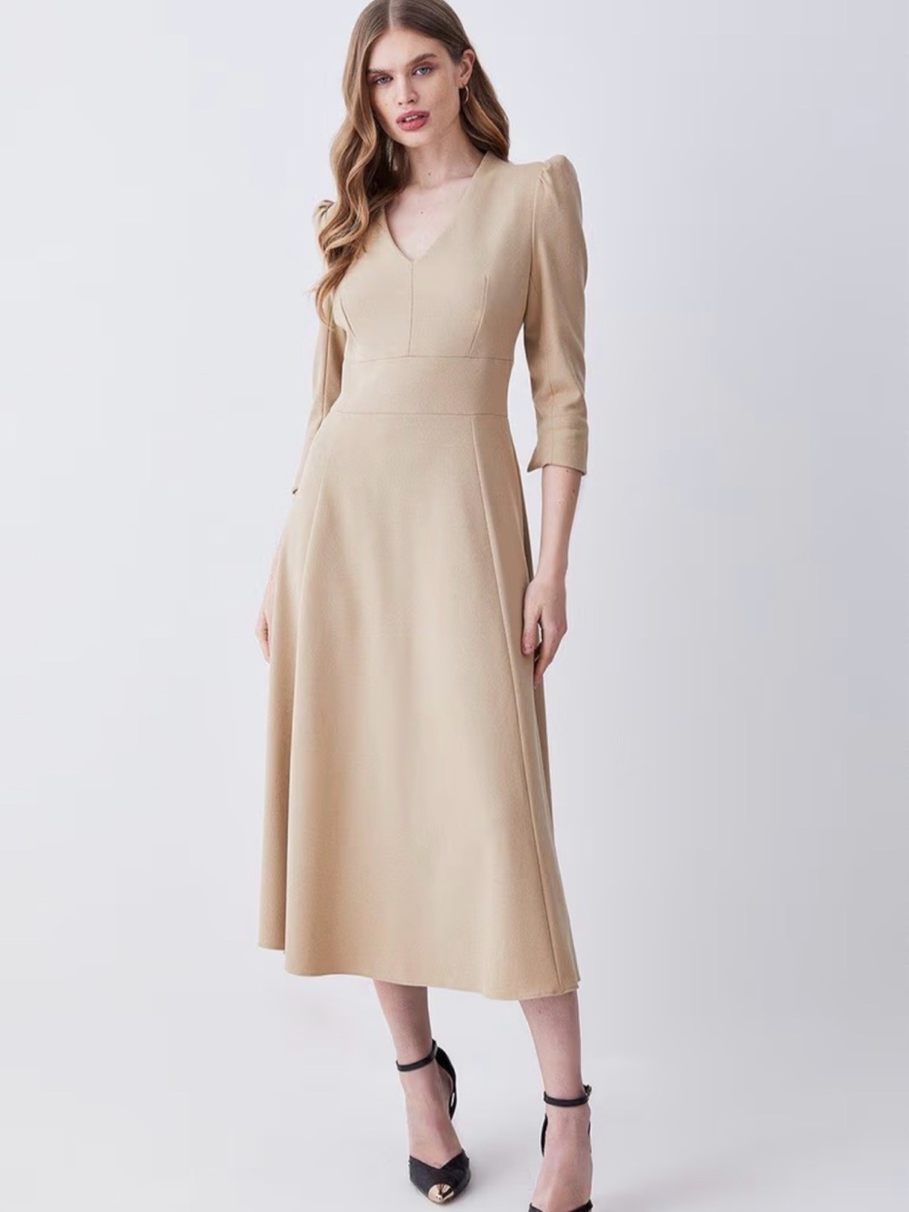 Karen Millen Beige V-Neck Midi Dress with Puff Shoulders